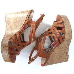 Madden Girl Brown Cognac Cork-heel Wedges